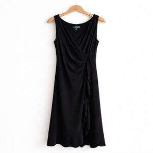 Lauren Ralph Lauren Black Stretch Faux Wrap Midi Dress | 8P